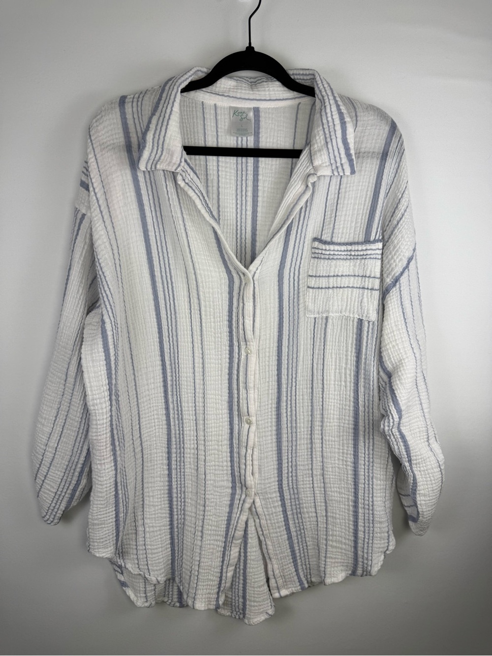 Kona Sol Women’s Striped Button-Down Swim Cover-Up Shirt, Blue & White, Size: L